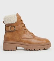 New Look Tan Faux Shearling Trim Lace Up Chunky Boots